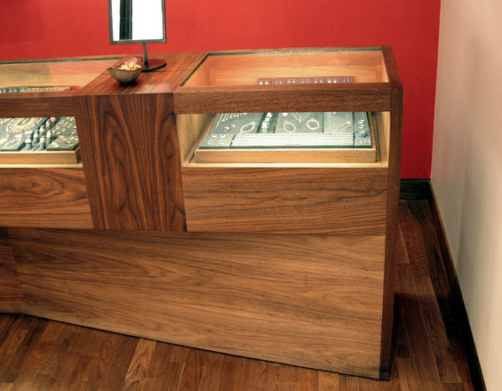 Photograph of custom jewelry display cases and inset wall displays by Townsend Design for Me&Ro Jewelry, Elizabeth St., NYC. Design: SHoP Architects